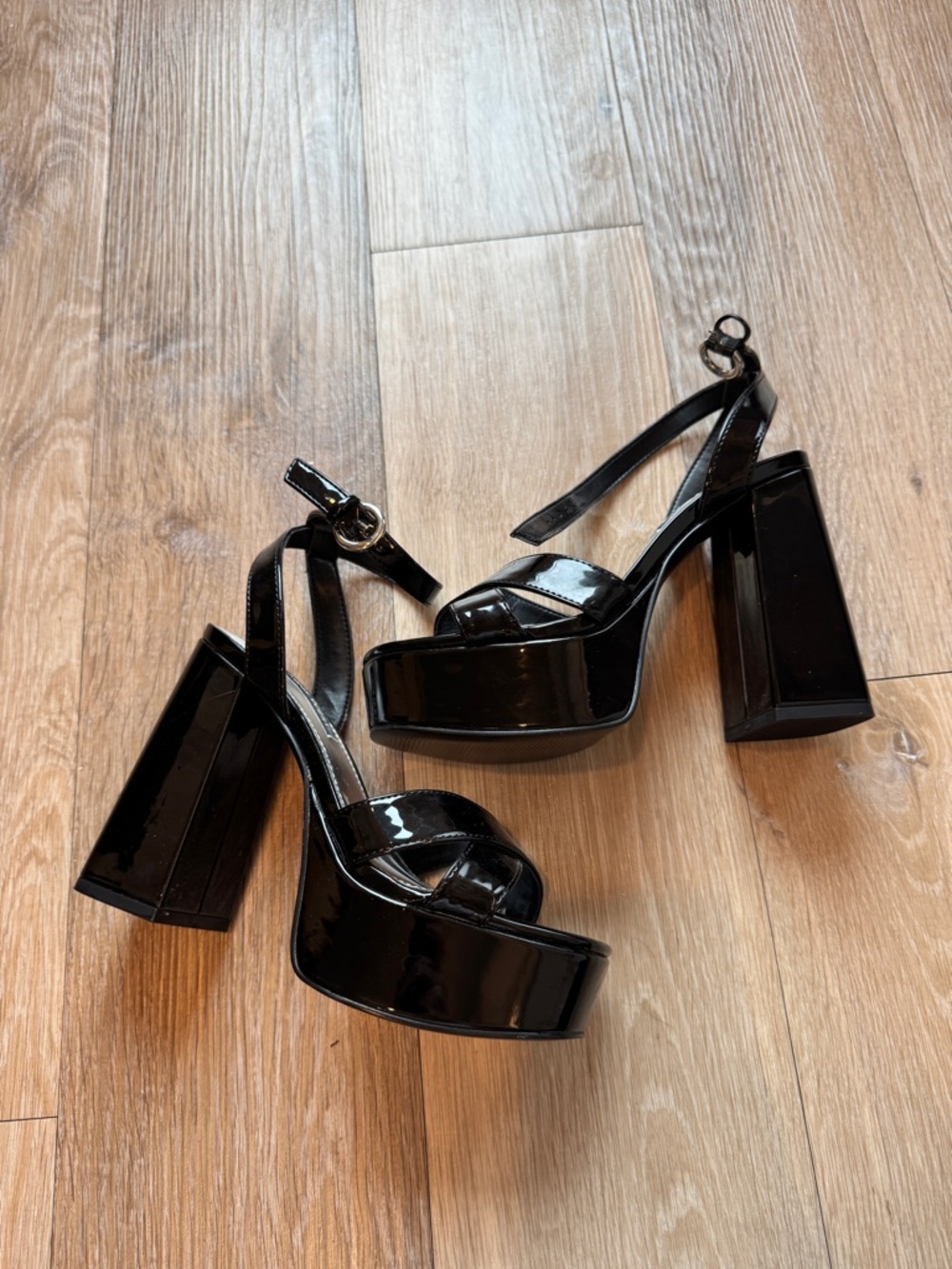 Nine West Black Patent Platform Block-Heel Sandals with Ankle Strap
